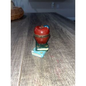 Vintage Porcelain Mini Hinged Trinket Box Apple On Books Teacher 2.25”